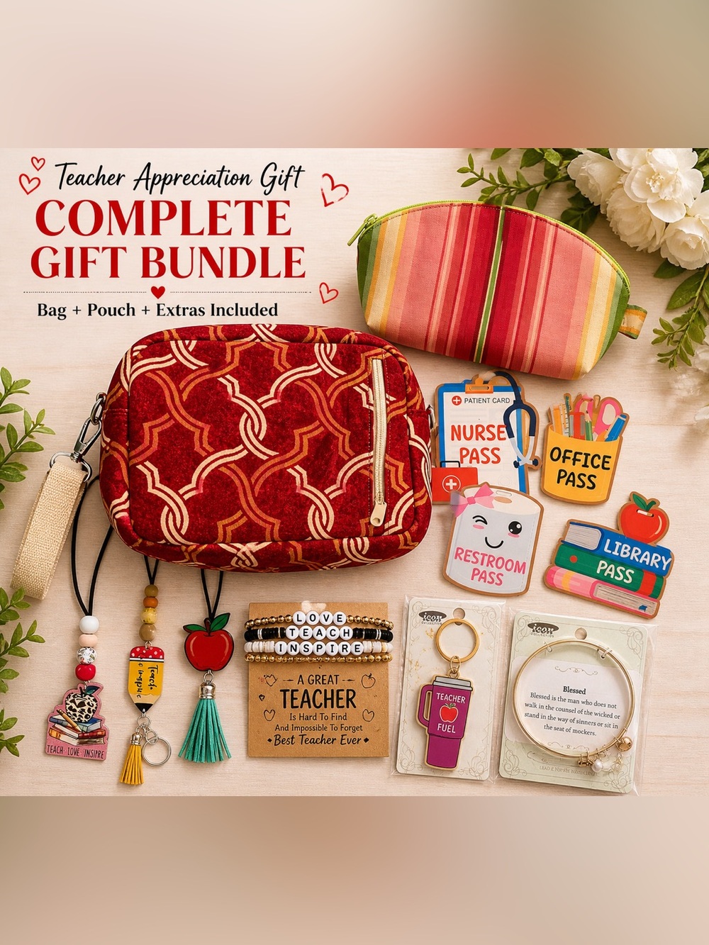 Teacher Gift Bundle • Lanyard + Bracelet + Keychain + Faith Bangle • Gift Set